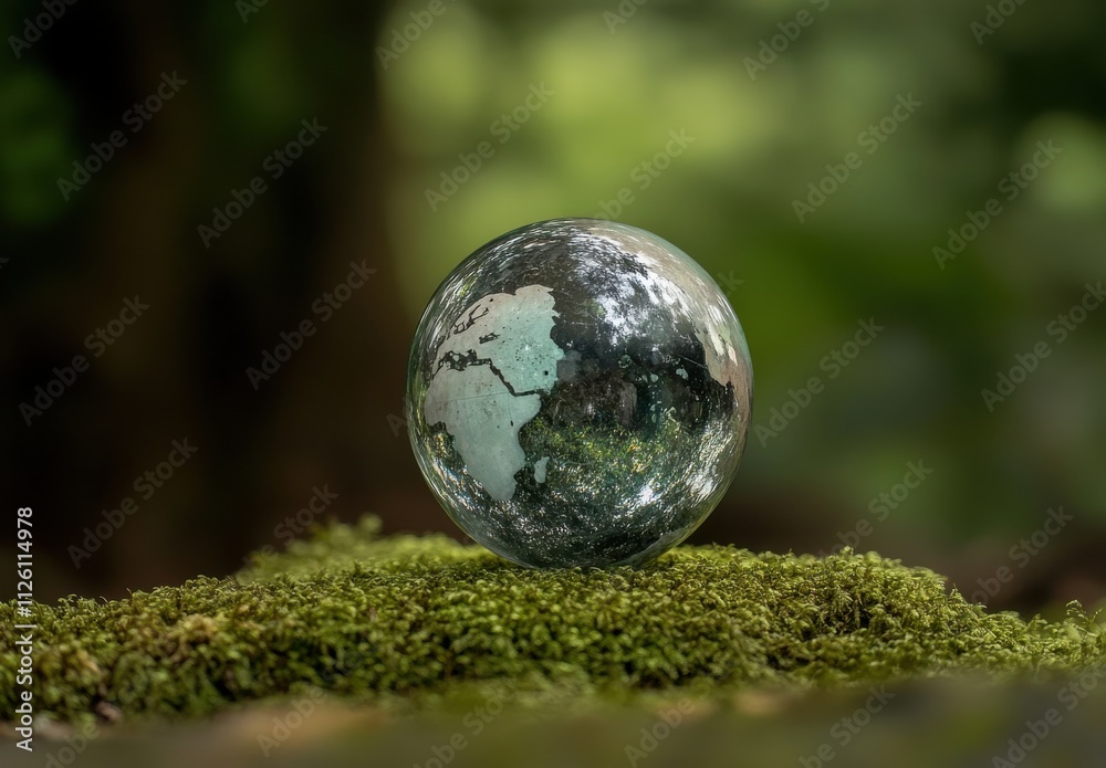 Reflective Sphere on Mossy Surface in Nature, Capturing Earth's Contours and Natural Beauty with Soft Focus Background in Outdoor Environment Reflective Sphere on Mossy Surface in Nature, Capturing Earth's Contours and Natural Beauty with Soft Focus Background in Outdoor Environment