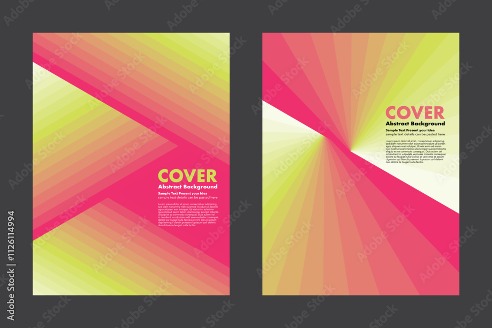 Fototapeta premium Modern vector abstract background with vibrant gradient colors pink to light green, features dynamic rays and diagonal patterns, creating a visually striking and energetic. For cover, presentation.