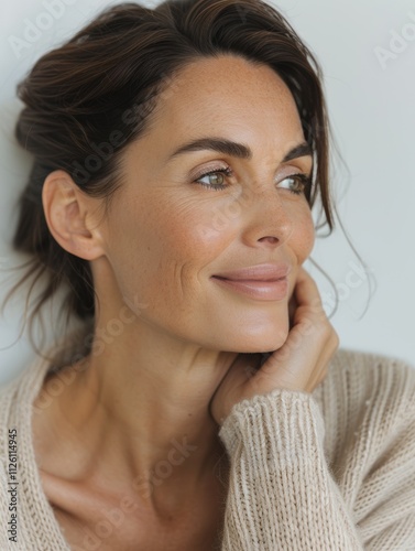 Obraz na płótnie elegant mature older woman beauty closeup studio portrait - skincare beige and white aesthetic, diverse beauty w salonie