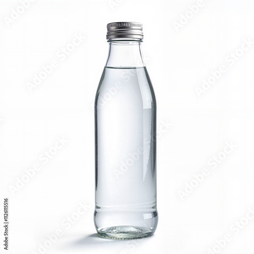 Clear glass water bottle on white background, simplicity and purity