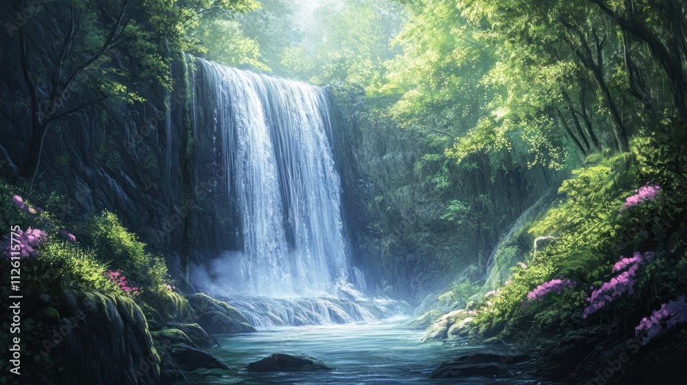 Serene Waterfall in Lush Forest Paradise Serene Waterfall in Lush Forest Paradise