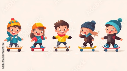 Playful Children Enjoying Skateboarding in Fun Vector Illustration