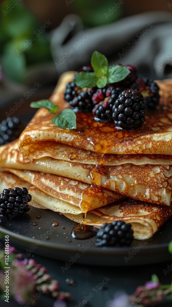 A delectable stack of crepes topped with fresh blackberries and syrup, perfect for breakfast or dessert indulgence. A delectable stack of crepes topped with fresh blackberries and syrup, perfect for breakfast or dessert indulgence.