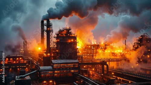 Large industrial complex glows vividly against a darkening sky, with flames erupting and smoke rising, creating a striking yet foreboding atmosphere.