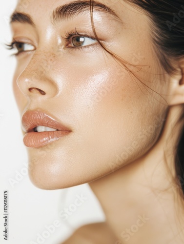 Obraz na płótnie elegant mature older woman beauty closeup studio portrait - skincare beige and white aesthetic, diverse beauty w salonie