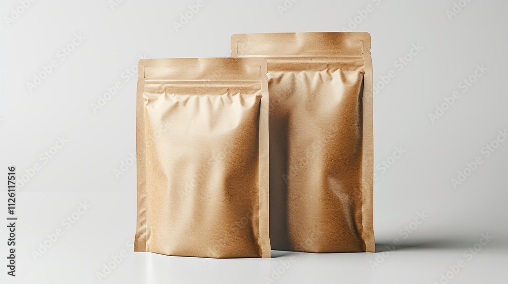 Brown paper packaging for products displayed on a neutral background in a well-lit setting Brown paper packaging for products displayed on a neutral background in a well-lit setting