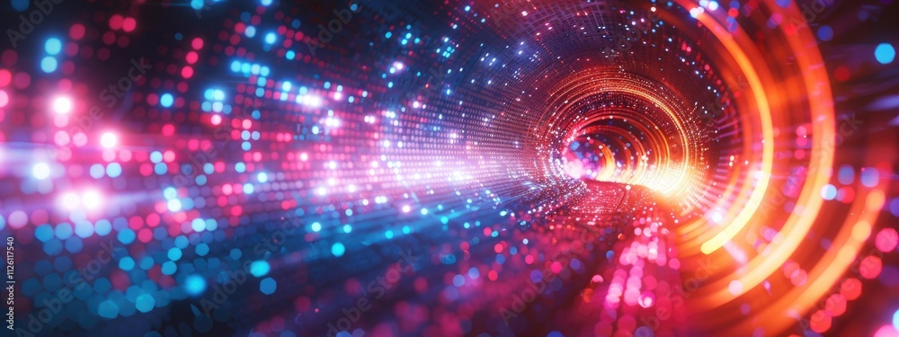 Colorful light tunnel creating a vibrant atmosphere with swirling patterns and bright reflections at night Colorful light tunnel creating a vibrant atmosphere with swirling patterns and bright reflections at night