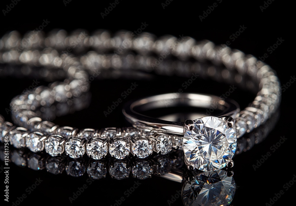 Stunning Close-Up of Elegant Jewelry Featuring a Sparkling Diamond Ring and Shimmering Bracelet on a Black Reflective Surface Stunning Close-Up of Elegant Jewelry Featuring a Sparkling Diamond Ring and Shimmering Bracelet on a Black Reflective Surface