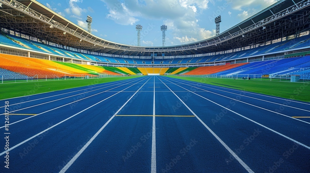 Vibrant athletic stadium with colorful seating and clear blue track under a bright sky Vibrant athletic stadium with colorful seating and clear blue track under a bright sky