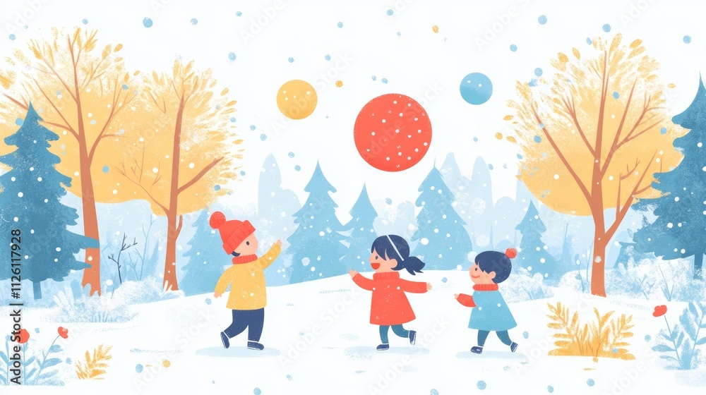 Children Playing Joyfully in a Winter Landscape with Colorful Balls Children Playing Joyfully in a Winter Landscape with Colorful Balls