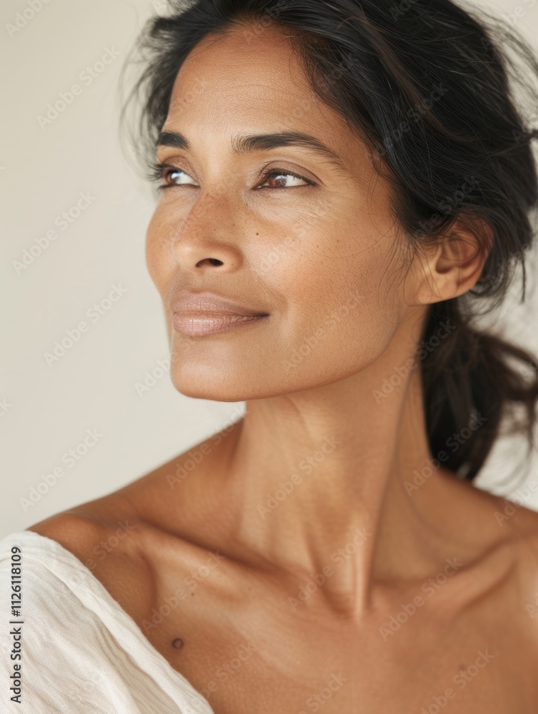 elegant mature older woman beauty closeup studio portrait - skincare beige and white aesthetic, diverse beauty