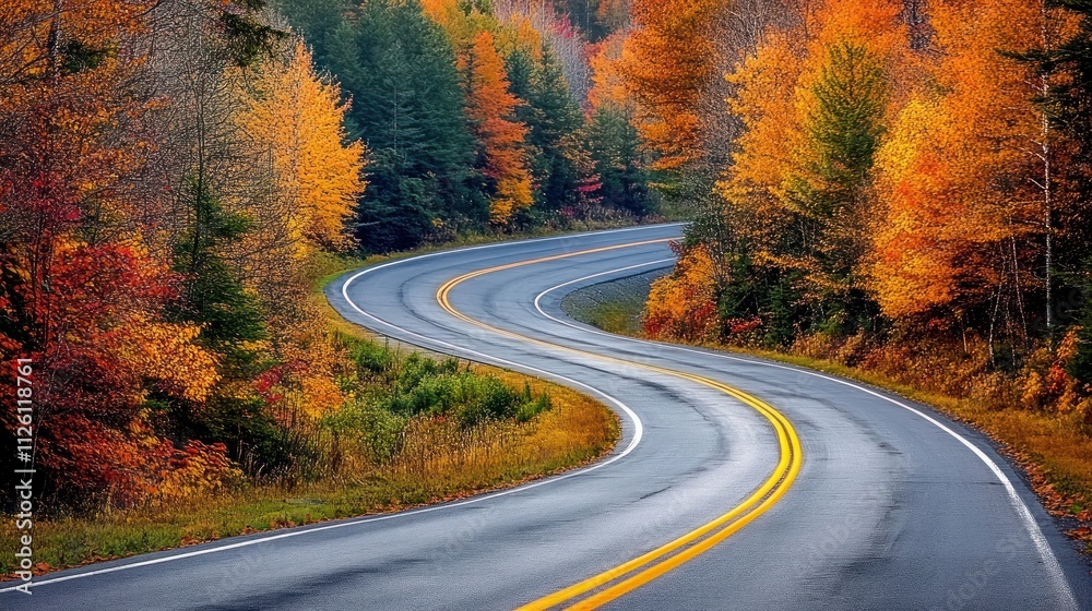 Fototapeta premium A winding highway cutting through a dense forest, autumn colors in full bloom, golden hour lighting, 