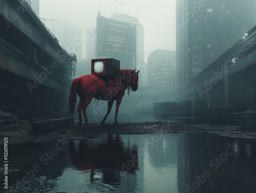 Red Horse Carrying a TV in a Foggy Dystopian Cityscape