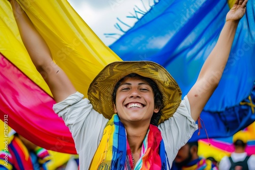 Joyful celebration of culture and freedom with vibrant colorful fabrics, featuring a cheerful person in a straw hat smiling widely at a lively outdoor event