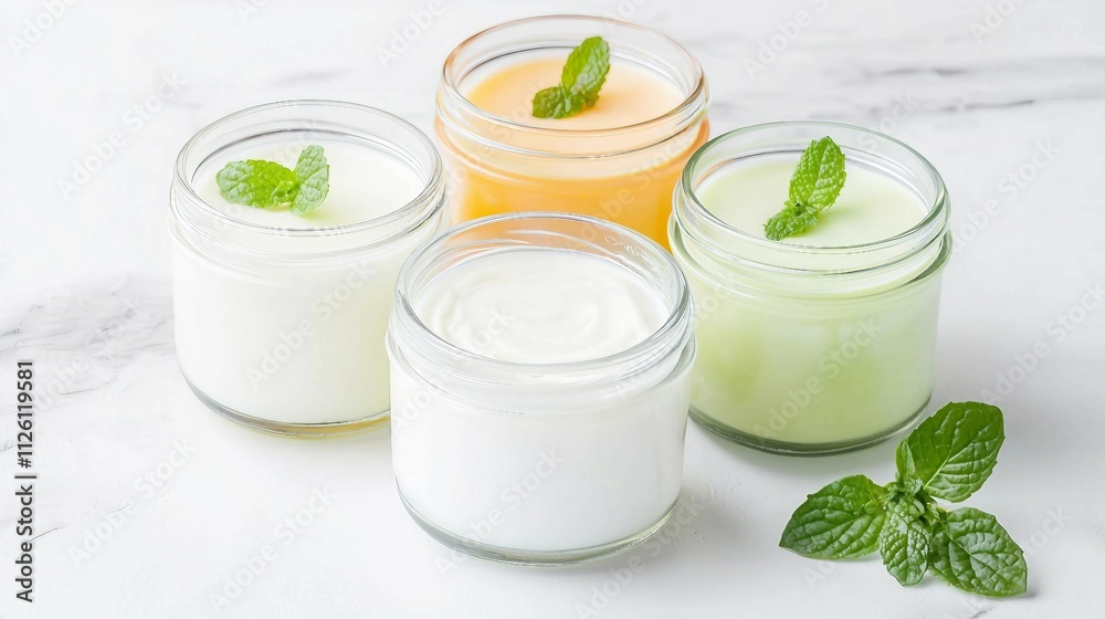 Fresh Creamy Desserts in Jars with Mint Leaves and Colorful Toppings Fresh Creamy Desserts in Jars with Mint Leaves and Colorful Toppings