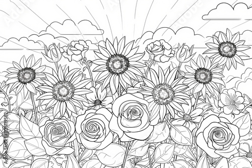 A black and white coloring page featuring a vibrant field of sunflowers and roses under a bright sky with clouds, inviting creativity and relaxation.