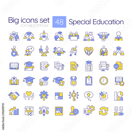 Special education RGB color icons set. Inclusive learning program for students with needs. School accessibility. Isolated vector illustrations. Simple filled line drawings collection. Editable stroke