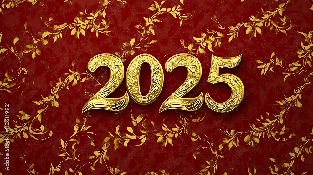 Happy New Year 2025 text in ornate gold font on a deep red background with traditional Chinese textures Happy New Year 2025 text in ornate gold font on a deep red background with traditional Chinese textures