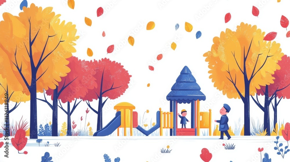 Children Playing in Autumn Park with Colorful Trees and Playground