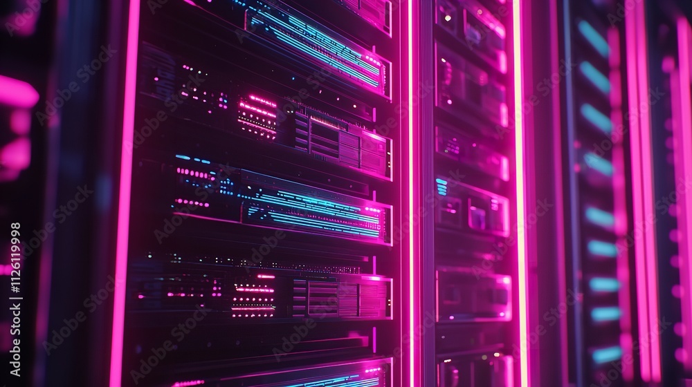 Futuristic Server Stack with Glowing Neon Lights