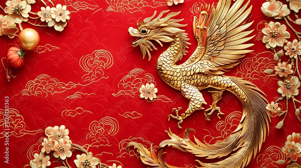 Happy New Year 2025 written in gold with intricate Chinese phoenix patterns on a vibrant red background Happy New Year 2025 written in gold with intricate Chinese phoenix patterns on a vibrant red background