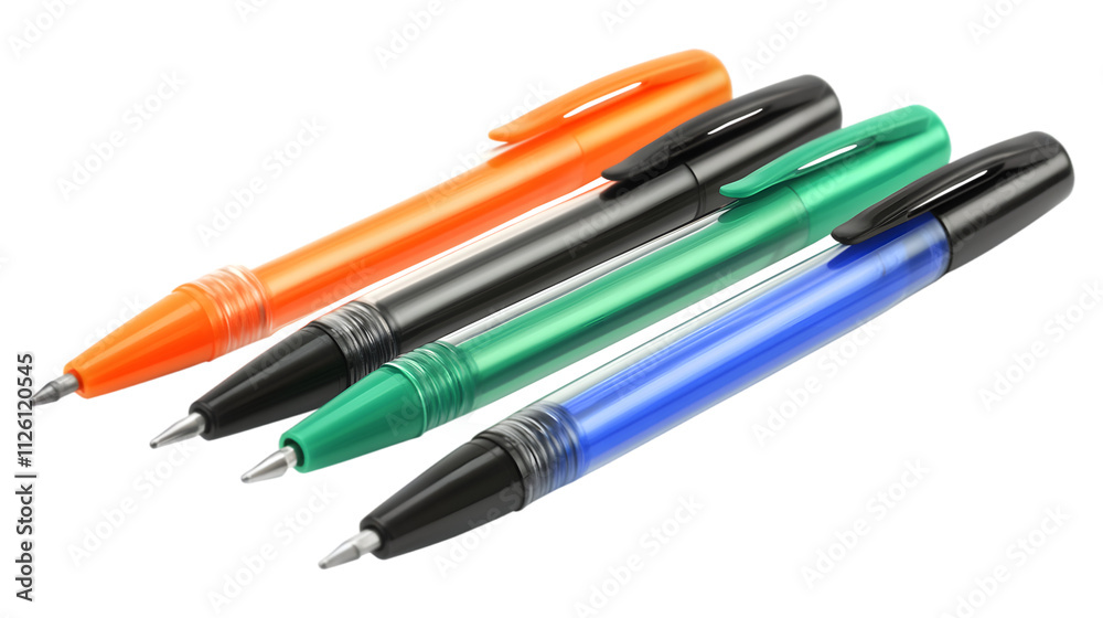 A set of transparent plastic ballpoint pens in different colors isolated on transparent background A set of transparent plastic ballpoint pens in different colors isolated on transparent background