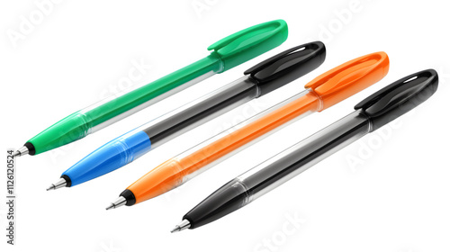 A set of transparent plastic ballpoint pens in different colors isolated on transparent background