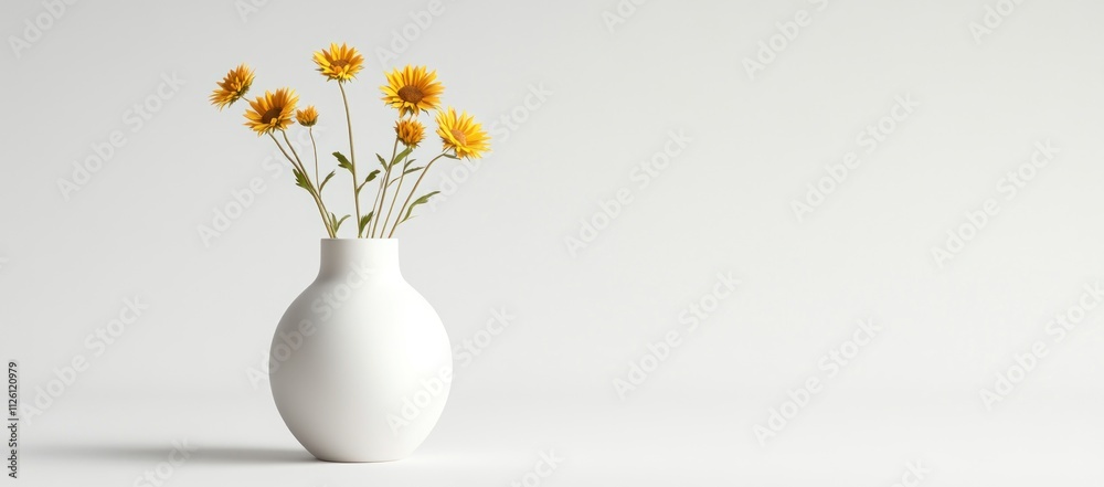 A minimalist vase with yellow flowers against a clean background. A minimalist vase with yellow flowers against a clean background.