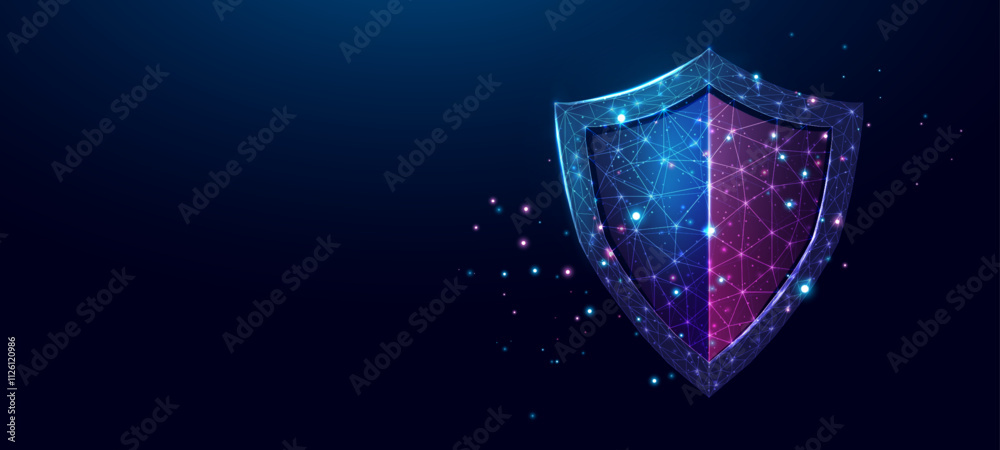 Fototapeta premium Guard shield. Cyber security concept with glowing low poly shield on dark blue background. Wireframe low poly design. Abstract futuristic vector illustration.