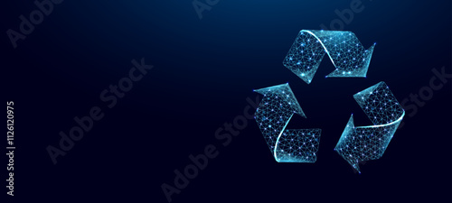Recycling sign, glowing blue lowpoly wireframe on a dark background. Vector illustration design concept of Environment day.