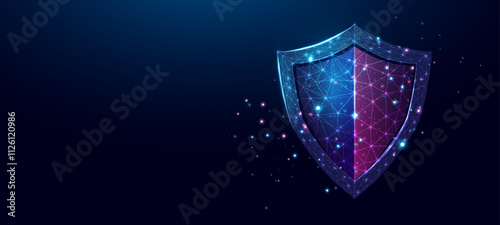 Guard shield. Cyber security concept with glowing low poly shield on dark blue background. Wireframe low poly design. Abstract futuristic vector illustration.