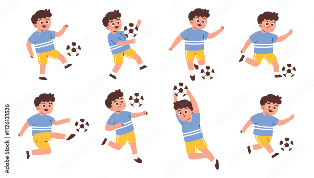 Flat Boy Character Playing Soccer Ball or Football Flat Boy Character Playing Soccer Ball or Football