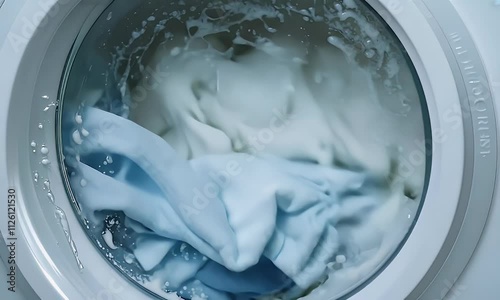 A close-up view of a washing machine drum filled with soapy water and white fabric.
