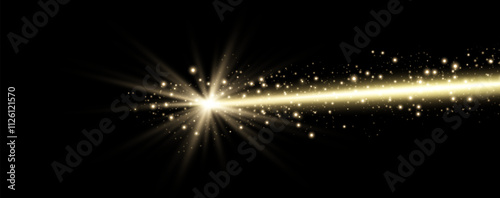 Gold horizontal laser beam. Neon line, presentation pointer. Gold glow flare light effect. Vector illustration. Isolated on dark background.