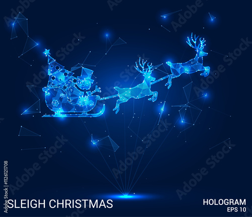 Hologram sleigh Christmas. Sleigh Christmas made of polygons, triangles, dots, and lines. Low-poly sleigh Christmas structure of connections. Technology concept vector.