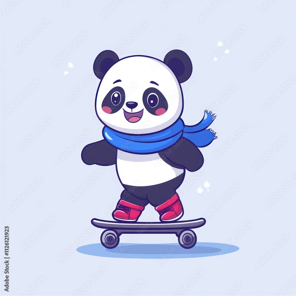 A cute panda character skateboarding, wearing a blue scarf and red shoes, exuding joy. A cute panda character skateboarding, wearing a blue scarf and red shoes, exuding joy.