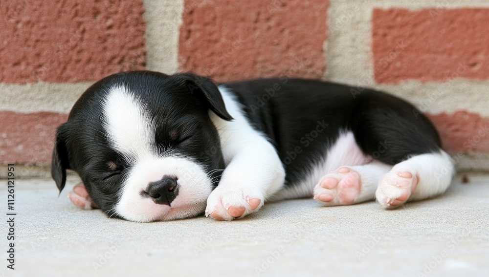 A sleeping black and white puppy rests peacefully on a concrete surface near a brick wall. A sleeping black and white puppy rests peacefully on a concrete surface near a brick wall.