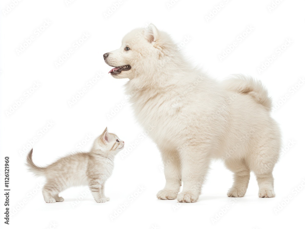 A fluffy white Samoyed dog stands next to a small gray kitten, both looking at each other. A fluffy white Samoyed dog stands next to a small gray kitten, both looking at each other.