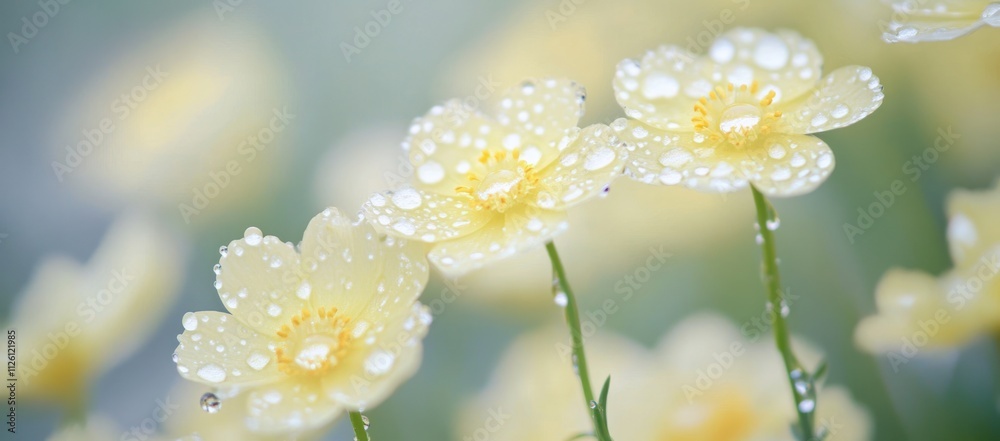 Delicate yellow flowers adorned with water droplets in a soft, serene background. Delicate yellow flowers adorned with water droplets in a soft, serene background.