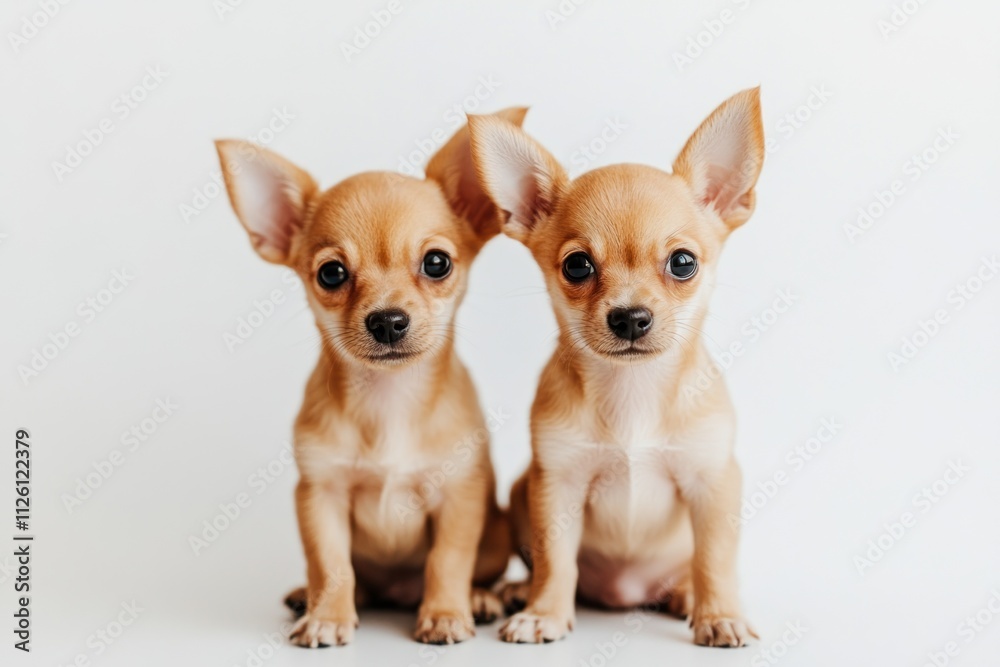 Two adorable chihuahua puppies sitting side by side against a plain background. Two adorable chihuahua puppies sitting side by side against a plain background.