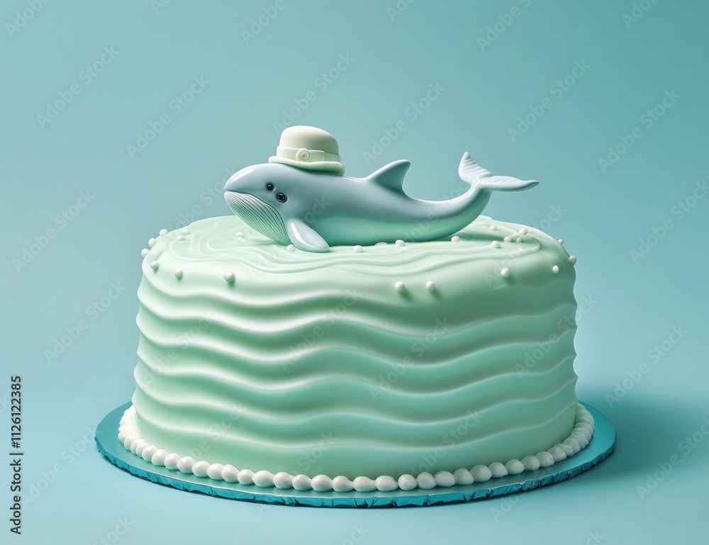 A whimsical cake featuring a whale figurine wearing a hat on a textured mint-colored surface. A whimsical cake featuring a whale figurine wearing a hat on a textured mint-colored surface.