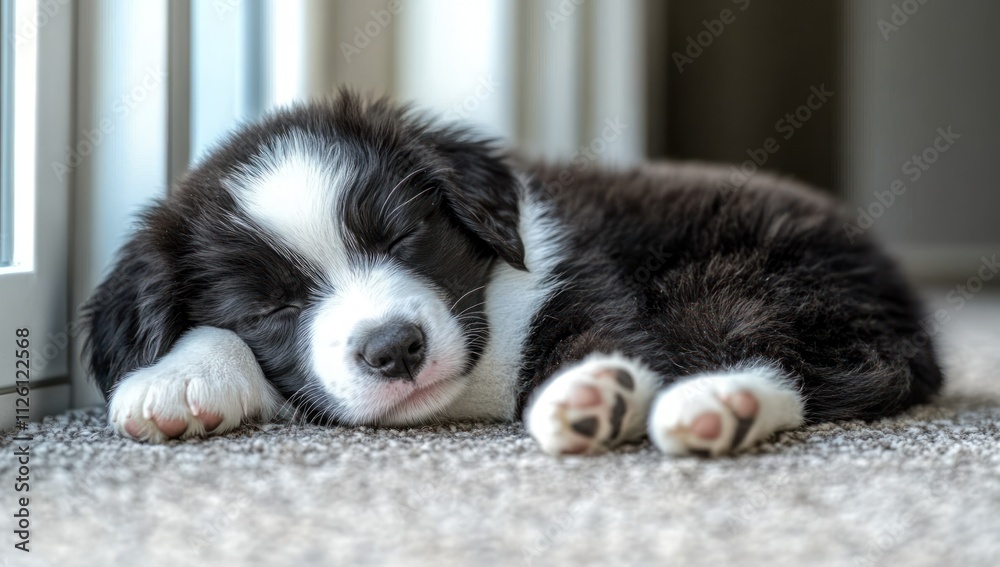 A sleeping puppy resting peacefully on a soft surface, showcasing its adorable features. A sleeping puppy resting peacefully on a soft surface, showcasing its adorable features.