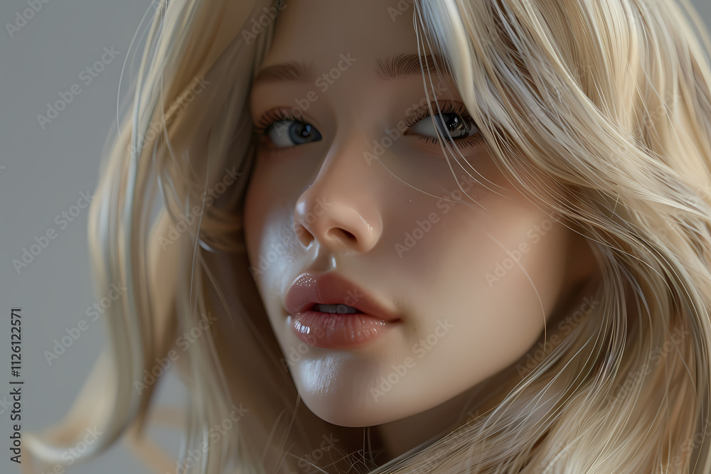 Close-up portrait of a young Caucasian woman with long blonde hair and captivating blue eyes, exuding a serene and gentle expression. Close-up portrait of a young Caucasian woman with long blonde hair and captivating blue eyes, exuding a serene and gentle expression.