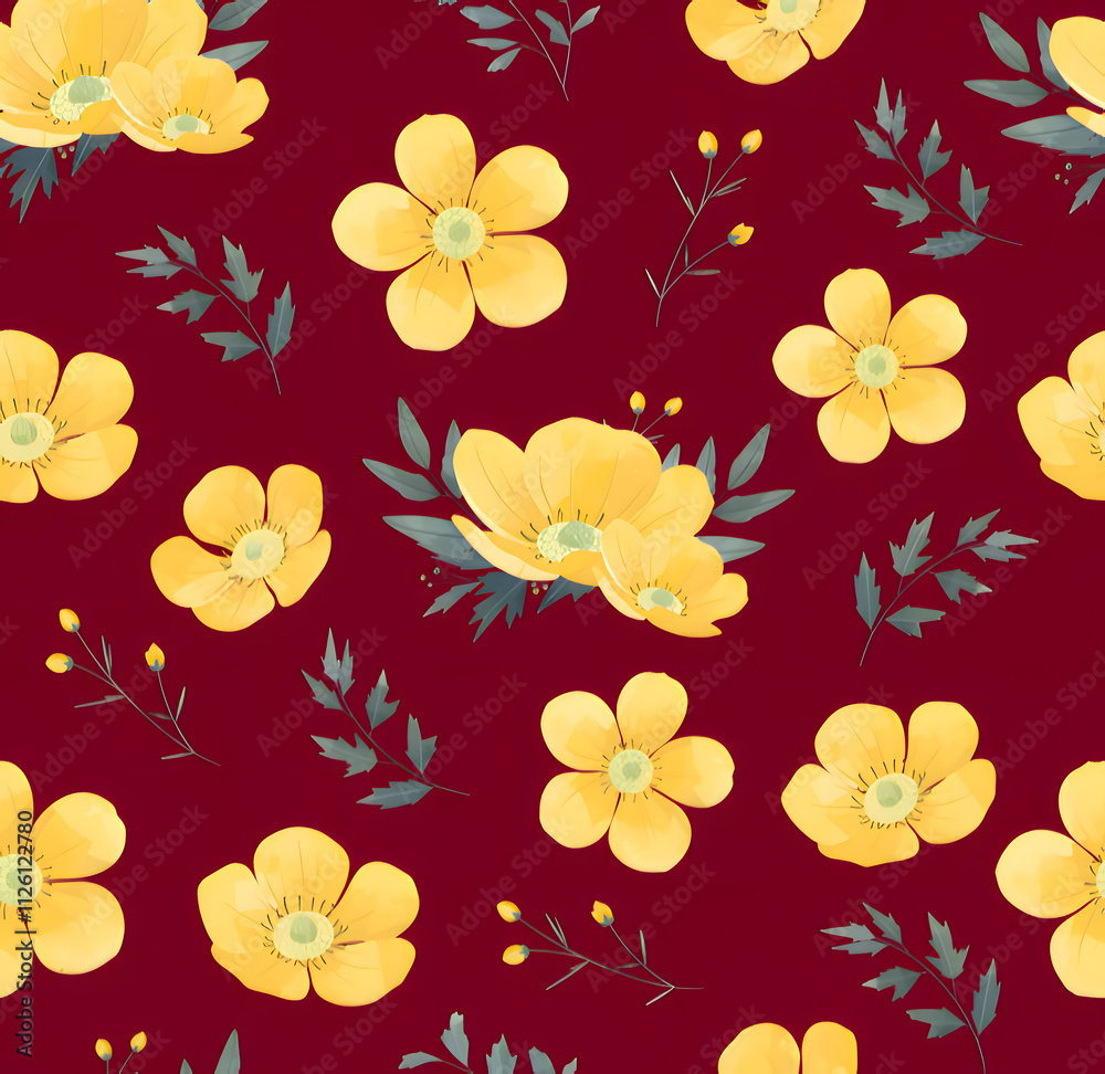 Seamless Yellow Floral Pattern with Maroon Background Seamless Yellow Floral Pattern with Maroon Background