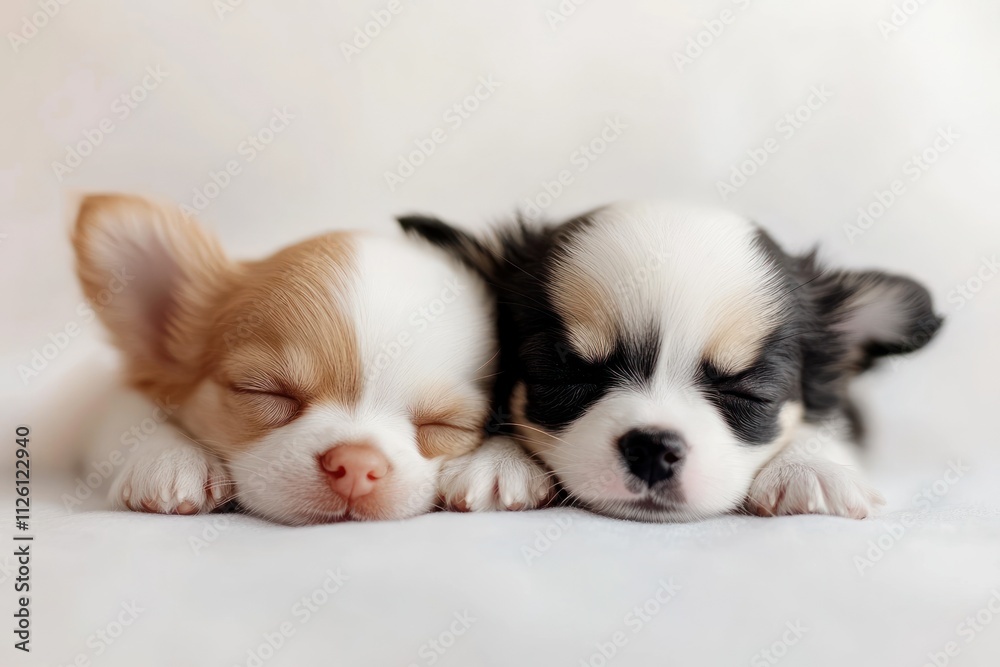 Two sleeping puppies peacefully resting side by side. Two sleeping puppies peacefully resting side by side.