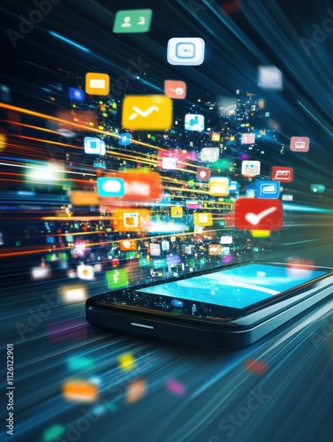 A smartphone emits colorful icons representing social media notifications, showcasing the rapid flow of information online in a modern context. Generative AI