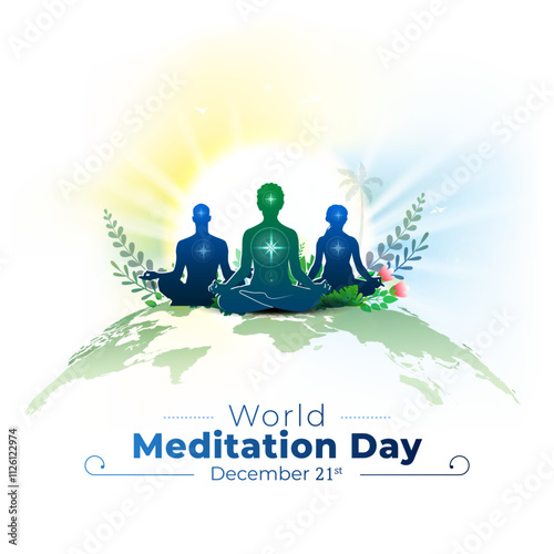Vector illustration of World Meditation Day. People practising Meditation and Yoga pose.