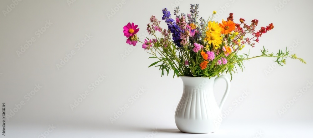 A vibrant bouquet of mixed flowers in a white pitcher against a neutral background. A vibrant bouquet of mixed flowers in a white pitcher against a neutral background.