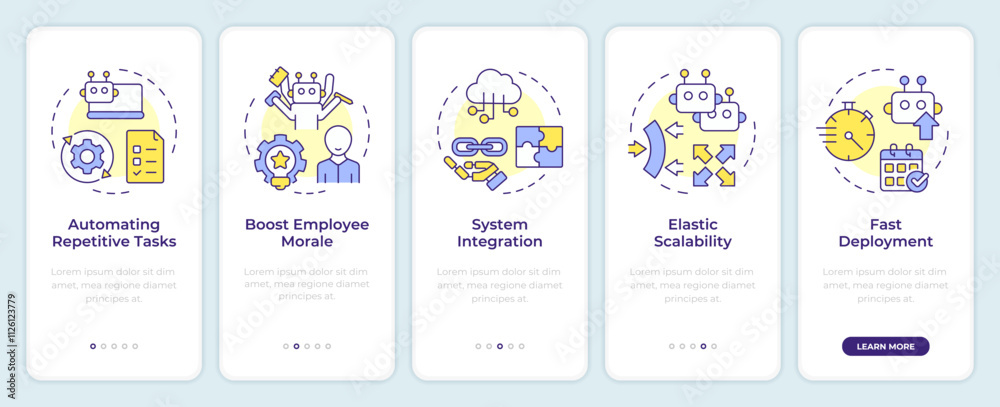 Benefits of RPA onboarding mobile app screen. Robotization walkthrough 5 steps editable graphic instructions with linear concepts. UI, UX, GUI template. Montserrat SemiBold, Regular fonts used Benefits of RPA onboarding mobile app screen. Robotization walkthrough 5 steps editable graphic instructions with linear concepts. UI, UX, GUI template. Montserrat SemiBold, Regular fonts used