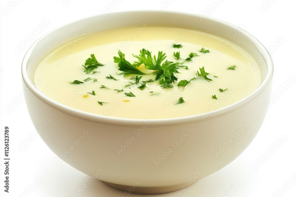 A creamy soup garnished with fresh herbs in a white bowl. A creamy soup garnished with fresh herbs in a white bowl.